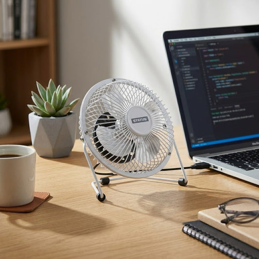 4" White Mini USB Fan, 14.5 x 8 x 14.5 cm, Metal Frame, SKU SusBWHEFAN1PKB4/TF4
