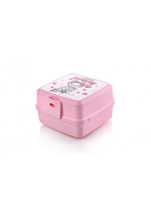 Hobby Plastic Square 2 Compartment Food Storage Container Lunch Box with Printed Design 14 x 14 x 9cm Assorted Designs and Colours 021175