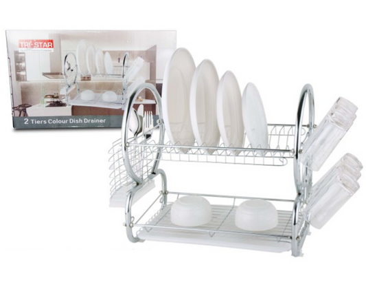 Tristar 2 Tier Dish Drainer Cutlery Rack with Drip Tray Silver 53743