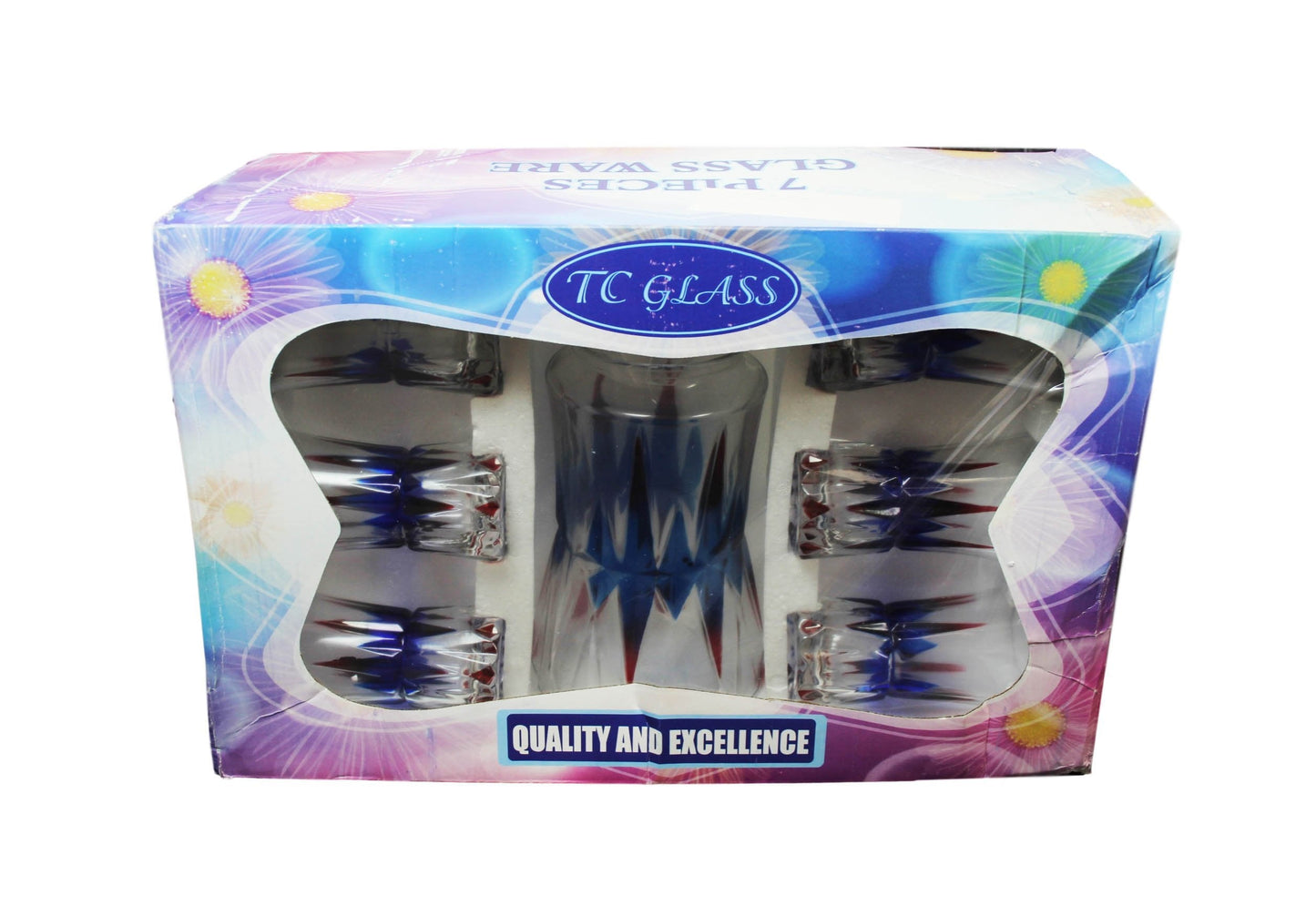 7 Piece Glassware Set Water Jug and 6 glasses Tumblers Coloured Effect Juice Jug 6335