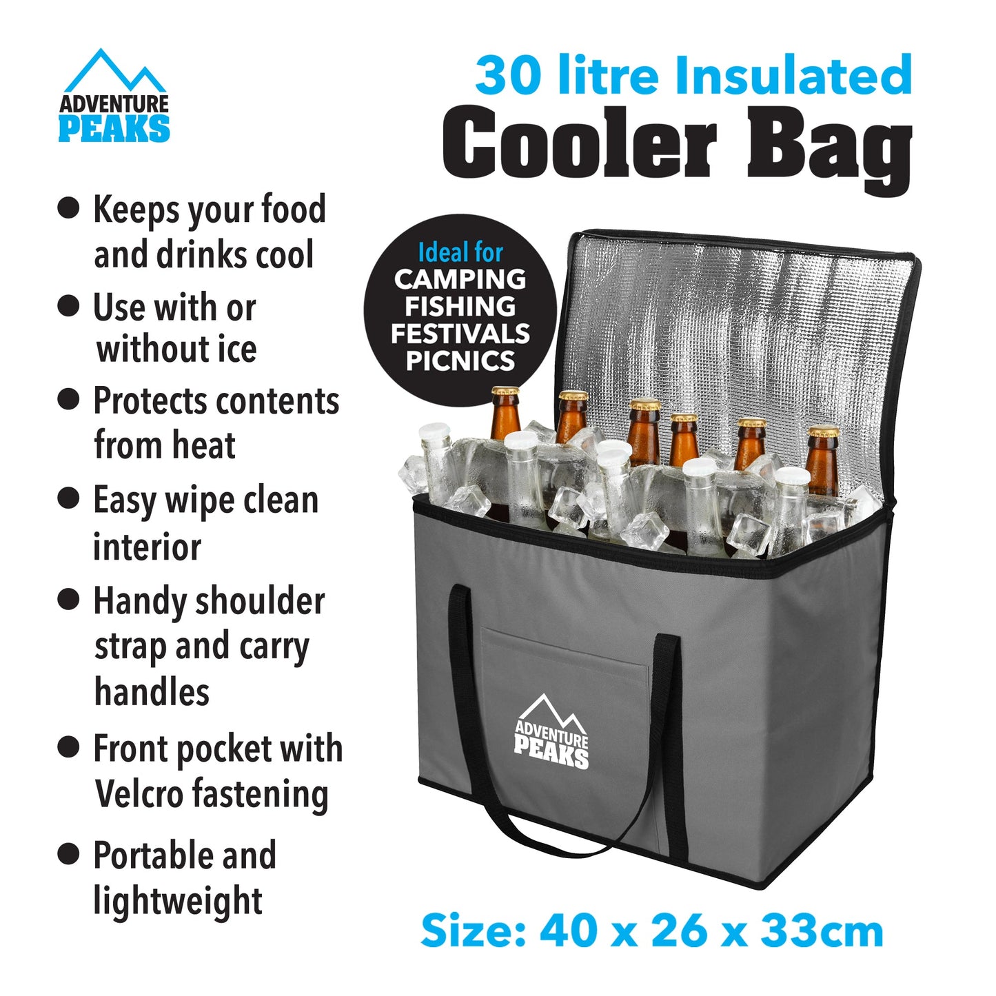Insulated Camping Cooler Bag 30L 40 x 26 x 33cm Grey 6633