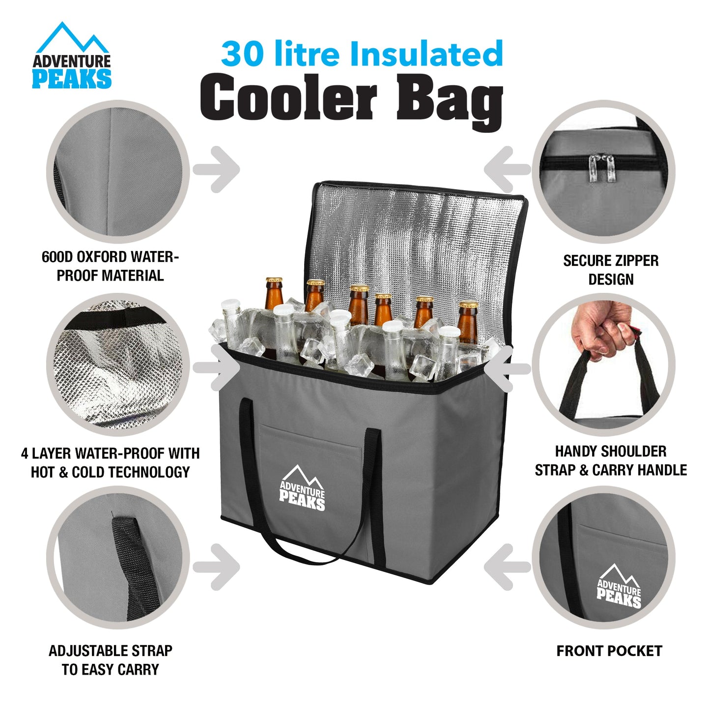 Insulated Camping Cooler Bag 30L 40 x 26 x 33cm Grey 6633