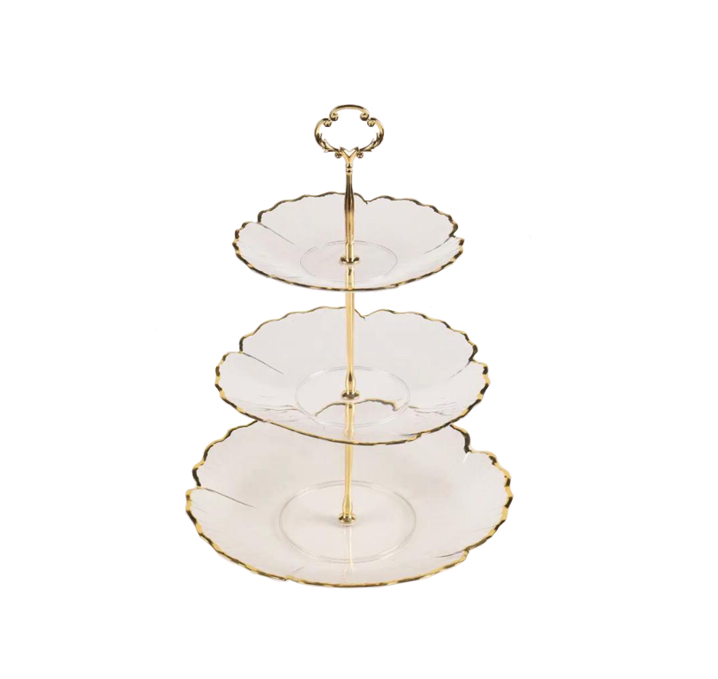 Transparent 3-Tier Flower Petal Cake Stand with Gold Rim, 36cm Height, SKU 7533