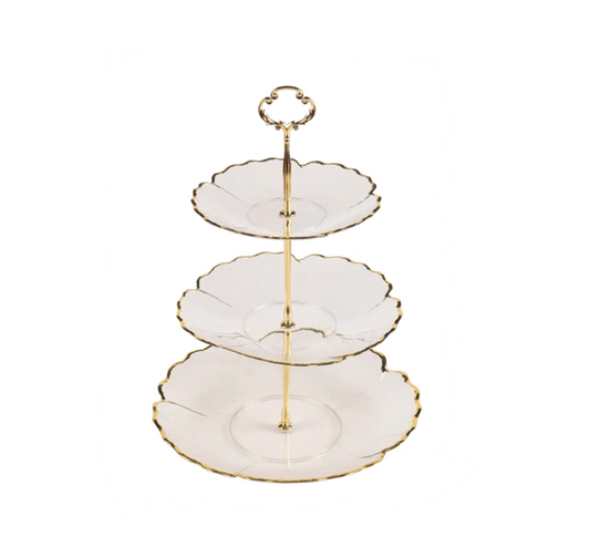 Transparent 3-Tier Flower Petal Cake Stand with Gold Rim, 36cm Height, SKU 7533