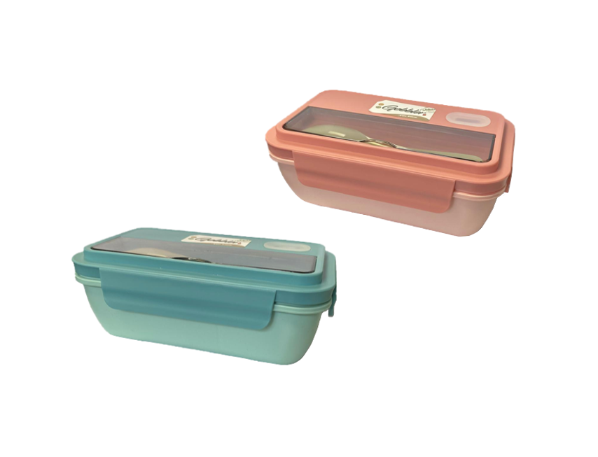 Plastic 2 Compartment Lunch Box with Spoon 20 x 12 x 8 cm Assorted Colours 7815
