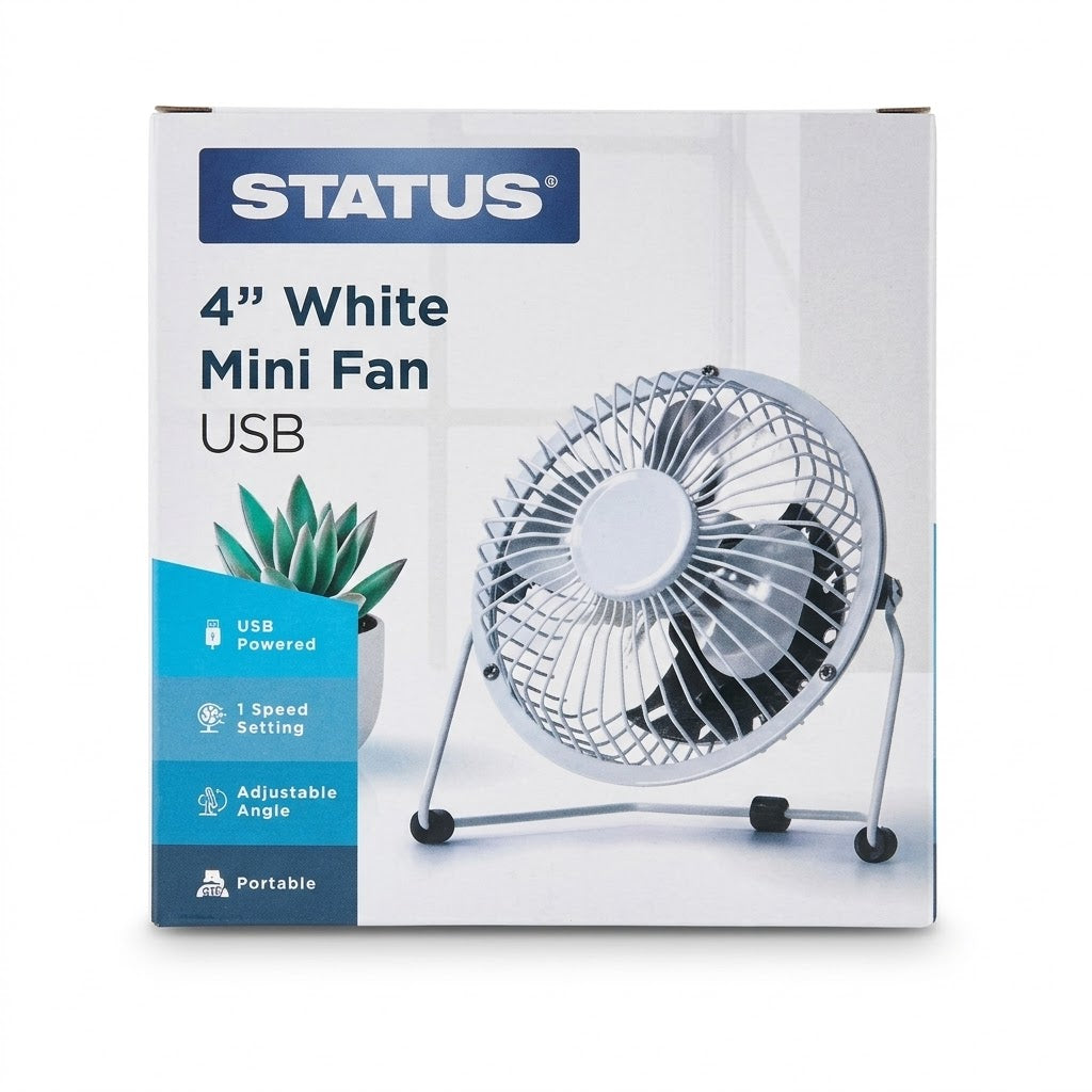 4" White Mini USB Fan, 14.5 x 8 x 14.5 cm, Metal Frame, SKU SusBWHEFAN1PKB4/TF4