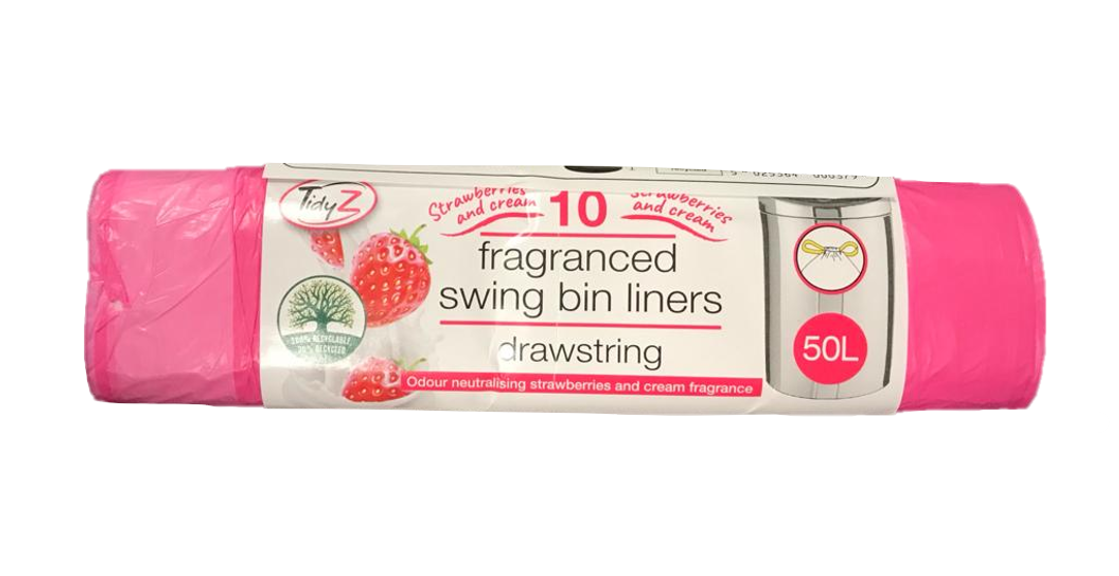 Strawberry and Cream Fragranced Drawstring Pedal Bin Bag Liners with Drawstring 50L 76 x 124 cm Roll of 10 B0037