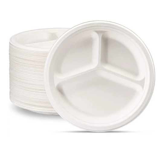 Disposable Compostable Eco-Bio Bagasse Sugarcane 3 Compartment Plates 9" Pack of 25 EC1680