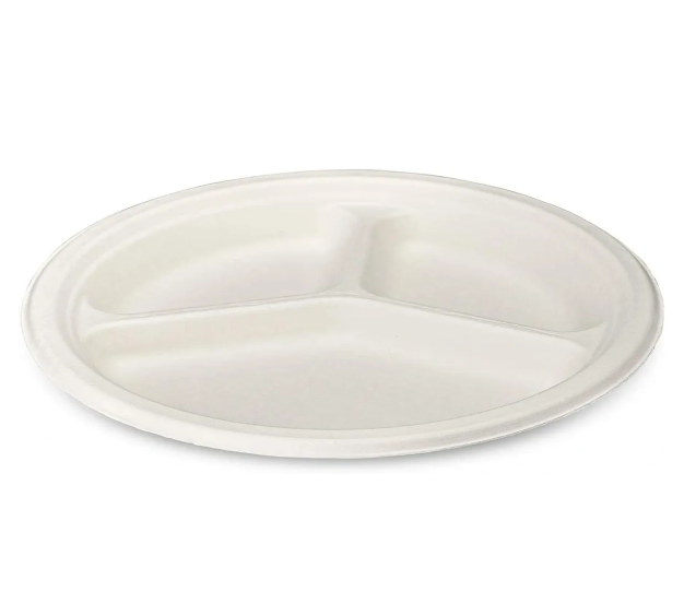 Disposable Compostable Eco-Bio Bagasse Sugarcane 3 Compartment Plates 10" Pack of 8 EC1963