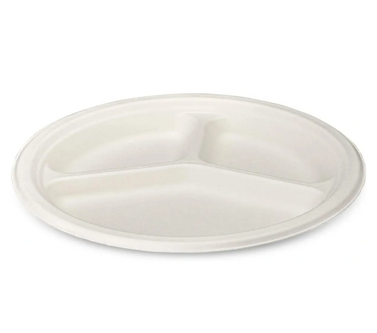 Disposable Compostable Eco-Bio Bagasse Sugarcane 3 Compartment Plates 10" Pack of 8 EC1963