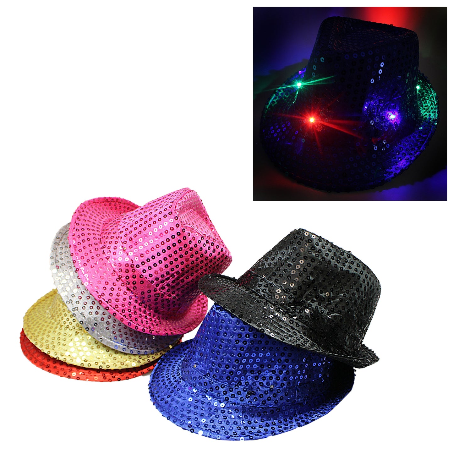 Light-Up LED Sequin Fedora Hat – Flashing Fancy Dress Party Accessory, Assorted Colours, SKU 3054