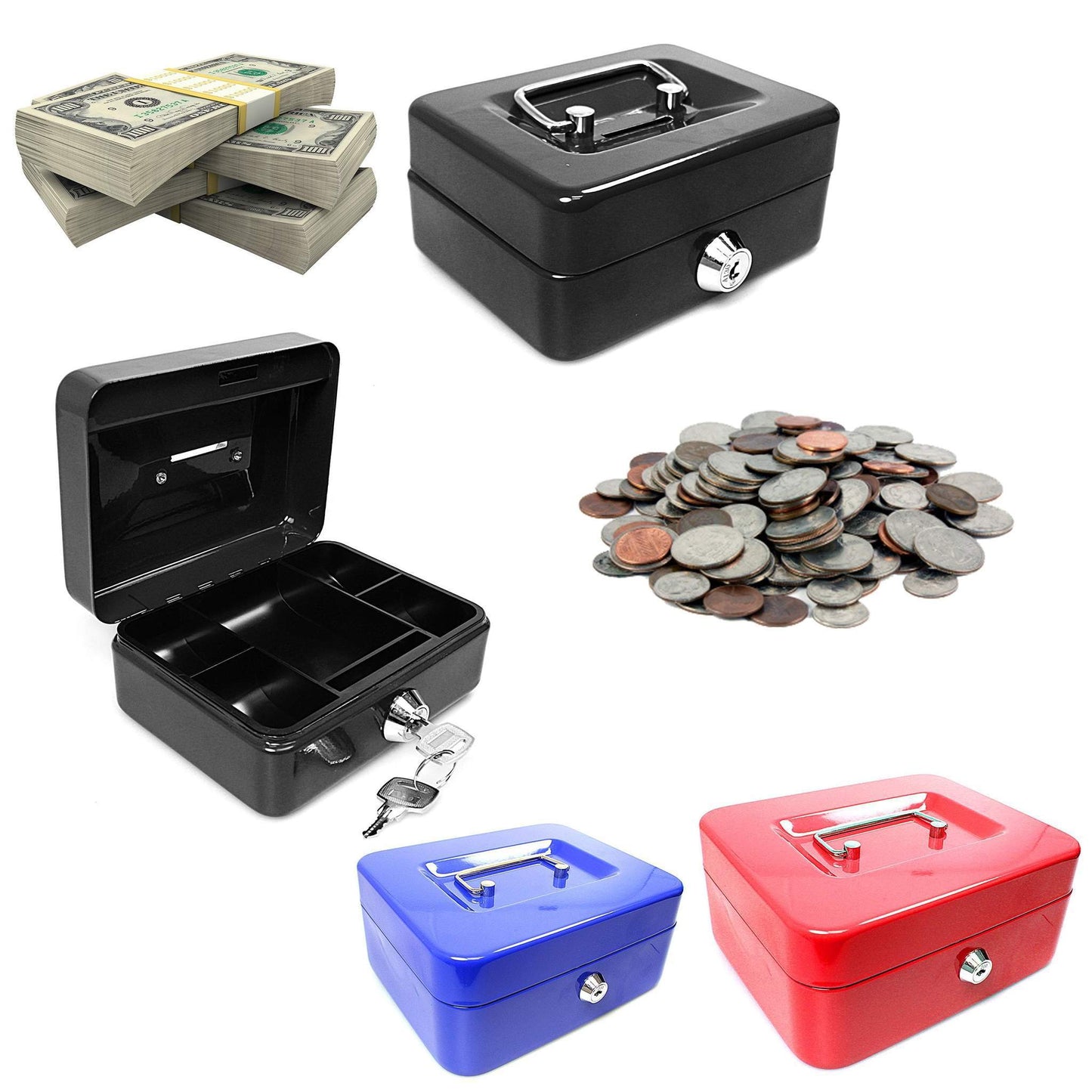 Metal Cash Deposit Money Box with Tray & 2 Keys 8" Assorted Colours 0198