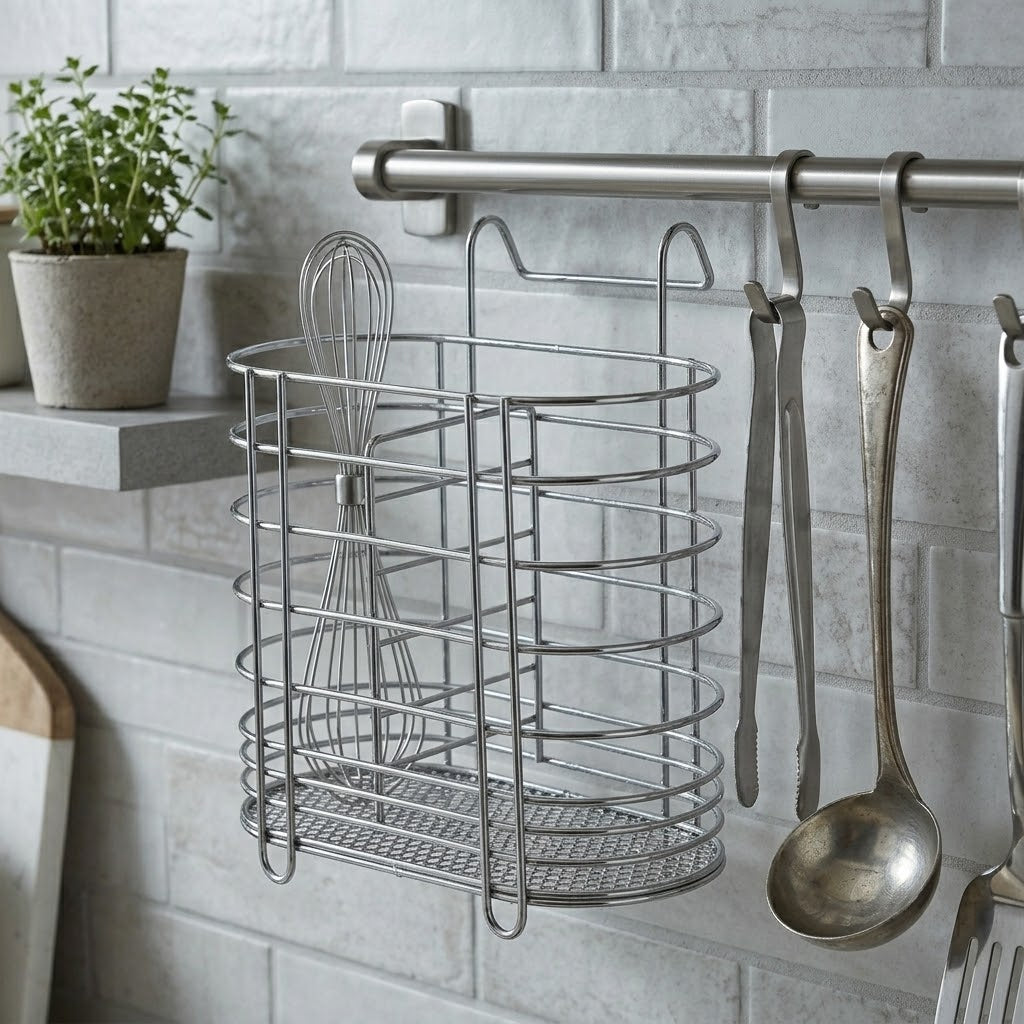 Metal Cutlery Holder Drainer Organiser with Hanging Hook 13 x 15 x 8 cm SKU 7408