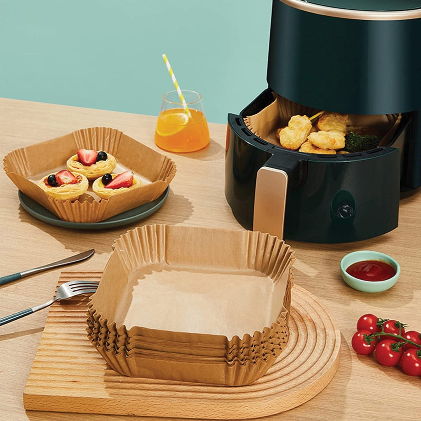 SQ Professional Kitchen Baking Brown Paper Air Fryer Liners Square 20 x 20 x 4.5 cm 50pcs 10613